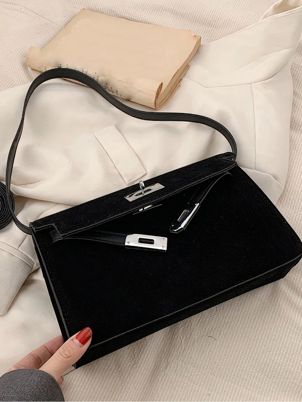 Black faux Suede Shoulder Bag with Silver Hardware